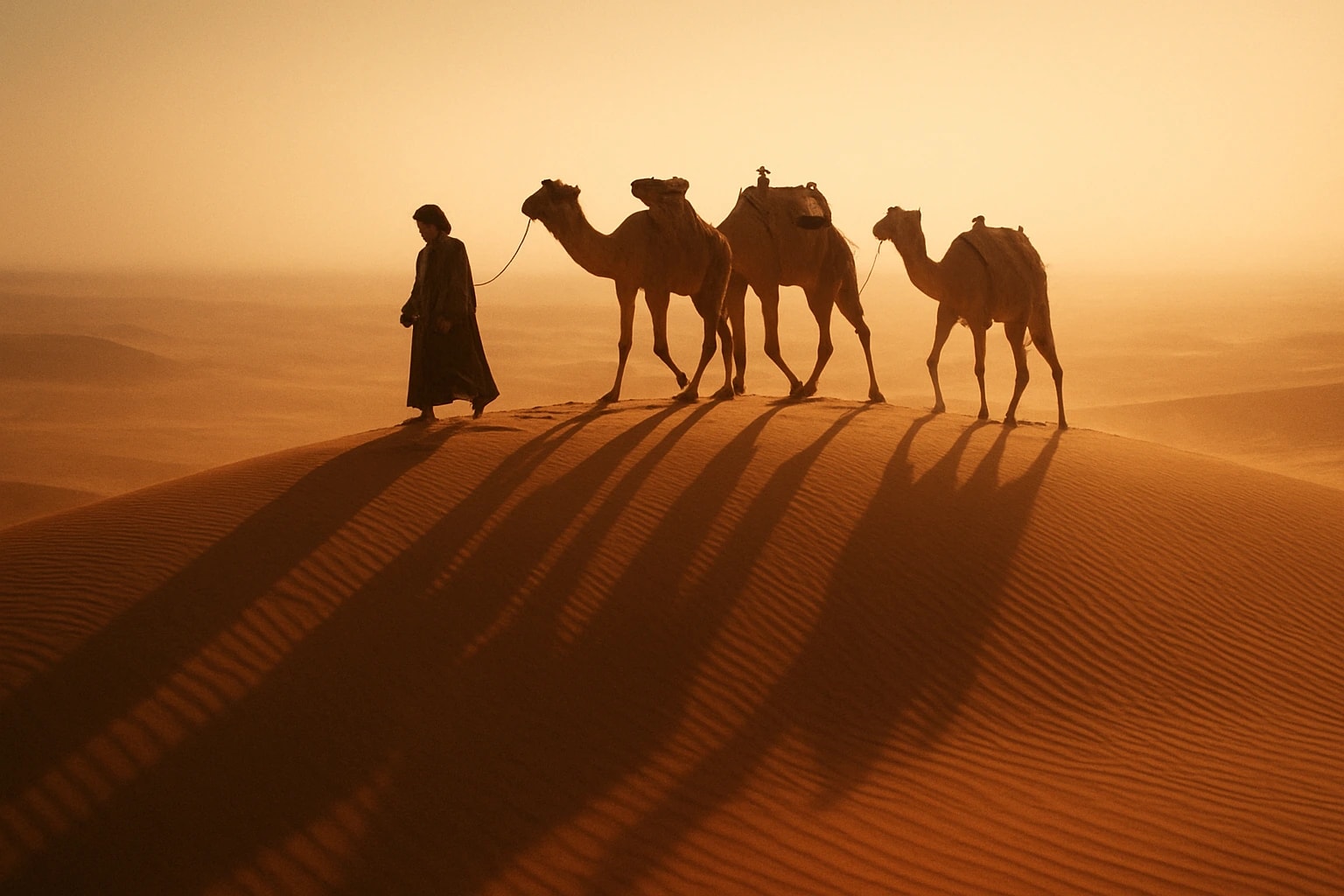 A camel caravan walking a dune crest at golden hour, their shadows raking down the slope behind them