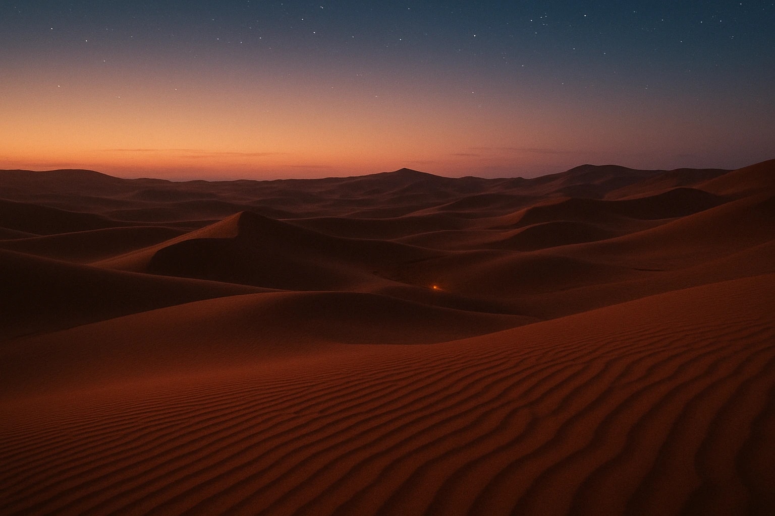A sea of Saharan dunes at dusk, the last amber light lying along the horizon and the first stars already out