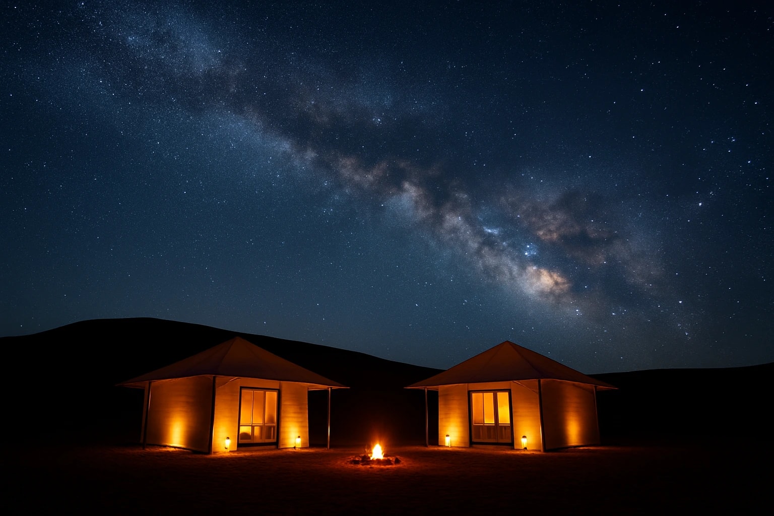 Two lit dwellings alone on the dune floor beneath the full arc of the Milky Way, a small fire burning between them