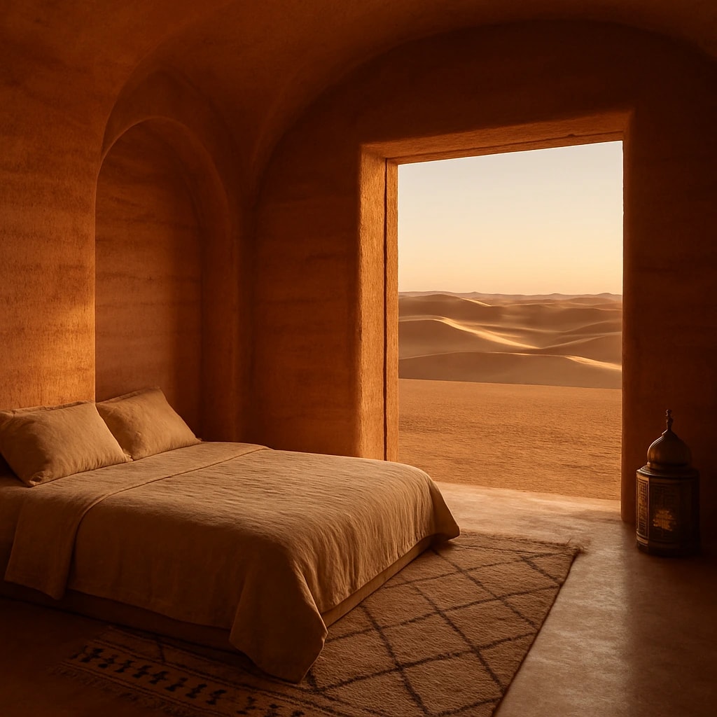 The Dune House: a rammed-earth room in low evening light, linen bed turned down, the doorway open onto an unbroken run of dunes