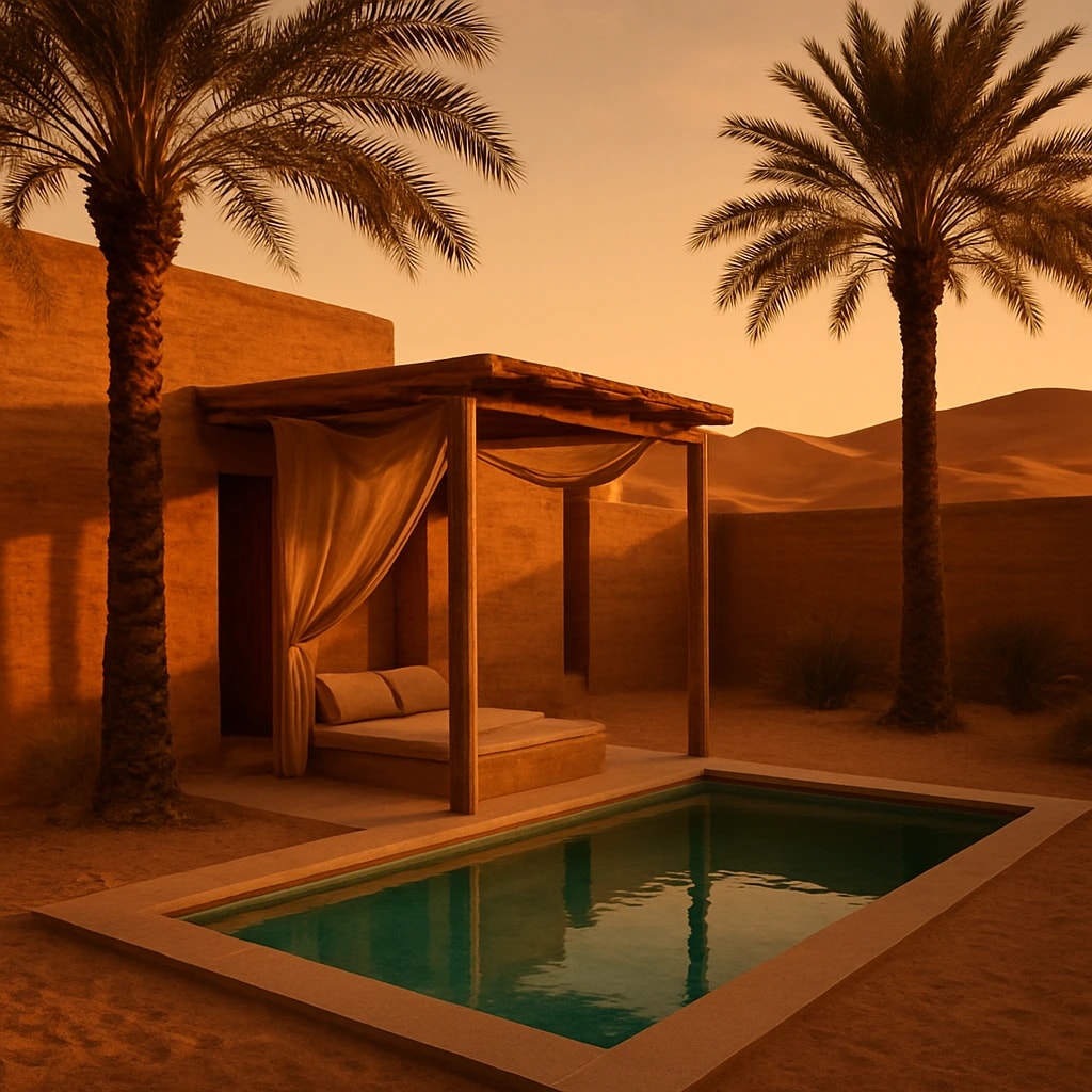 The Oasis Villa at sunset: a turquoise plunge pool cut into the sand, a curtained day bed beside it and date palms against the dunes