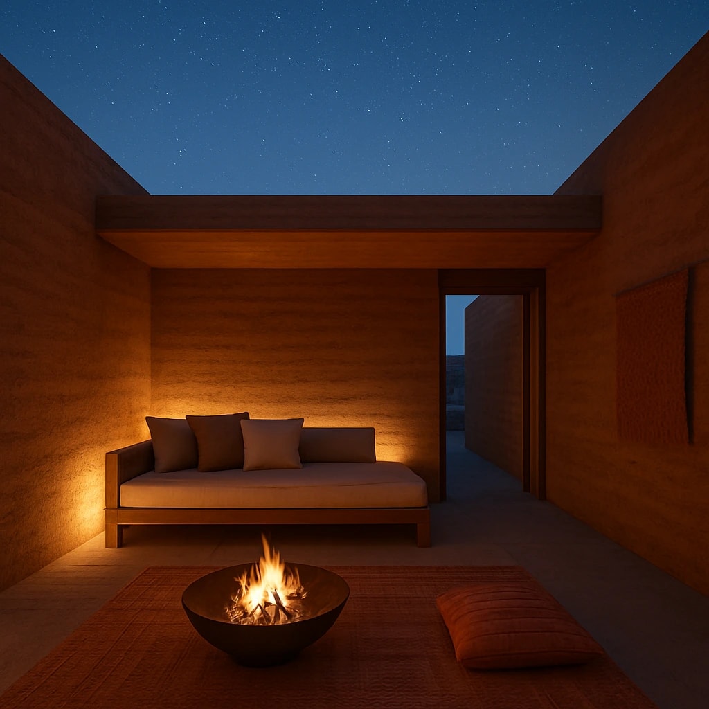 The Star Court at blue hour: a walled open-air court with no roof but the sky, a fire bowl lit on the rug and the first stars overhead