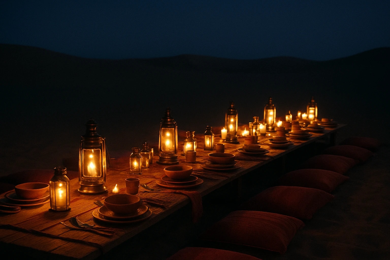 One long table set out in the open desert after dark, running away into the night under a line of lit lanterns
